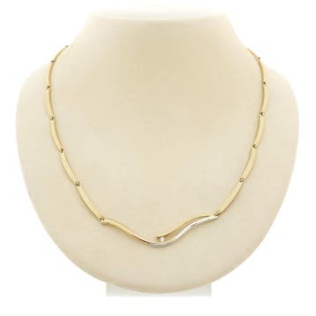 Bicolor gouden staafjes collier met vaste hanger en diamant, Gebruikt, Ophalen of Verzenden, Met edelsteen, Goud