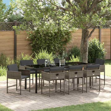 vidaXL Tuin eettafelset met kussen 9 pcs Grijs poly rattan, Verzenden, Nieuw, Rotan, Meer dan 8 zitplaatsen