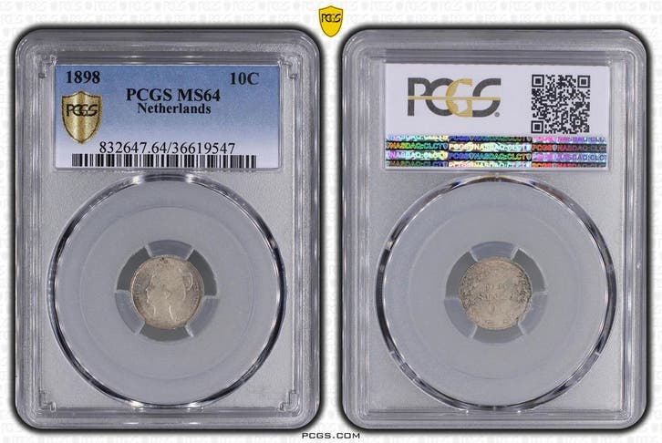 Koningin Wilhelmina 10 cent 1898 PCGS MS64 gecertificeerd, Postzegels en Munten, Munten | Nederland, Losse munt, 10 cent, Koningin Wilhelmina