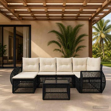 vidaXL Tuinbankenset 7 st Zwart en Cream Wit poly rattan, Verzenden, Nieuw, 7 zitplaatsen
