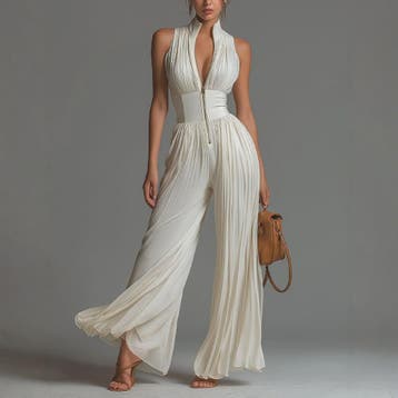 Elegante Dames Jumpsuit met Plooien, Wijde Pijpen en Opstaan, Kleding | Dames, Verzenden, Nieuw