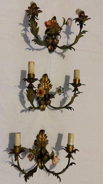 Wandkandelaar (3) - Brons, Porselein, Metaal, Verguld, Antiek en Kunst