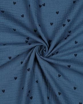 Double Gauze Katoen Kleine Hartjes Blauw, Nieuw, Blauw