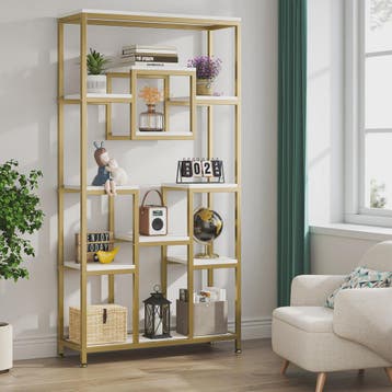 Tribesigns Boekenkast 180 cm Hoog - Goudkleurig Metaal & Wit, Huis en Inrichting, Woonaccessoires | Etagères, Verzenden, Nieuw