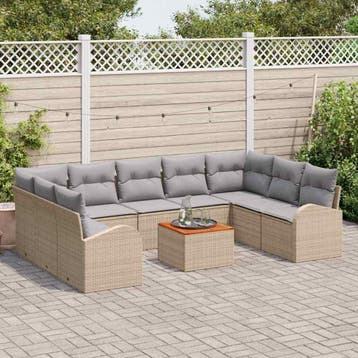 vidaXL Tuinbankenset 10 st Beige en Licht Grijs poly rattan, Verzenden, Nieuw, Meer dan 8 zitplaatsen