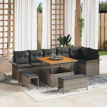 vidaXL Tuinbankenset 9 st Grijs poly rattan, Verzenden, Nieuw, Meer dan 8 zitplaatsen