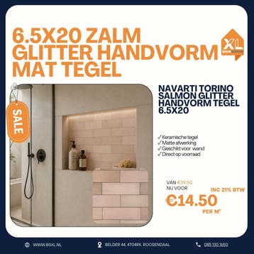 6.5x20 ZALM GLITTER MAT - VOORRAAD = ACTIE HANDVORM TEGEL, Wandtegels, Nieuw, Ophalen of Verzenden, Minder dan 20 cm