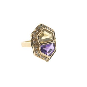 Vintage gouden ring met citrien, amethist en diamanten; 0..., Gebruikt, Ophalen of Verzenden, 17 tot 18, Met edelsteen