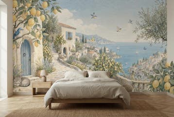 Fotobehang kustdorp – mediterraan zeezicht behang, Verzenden, Fotobehang