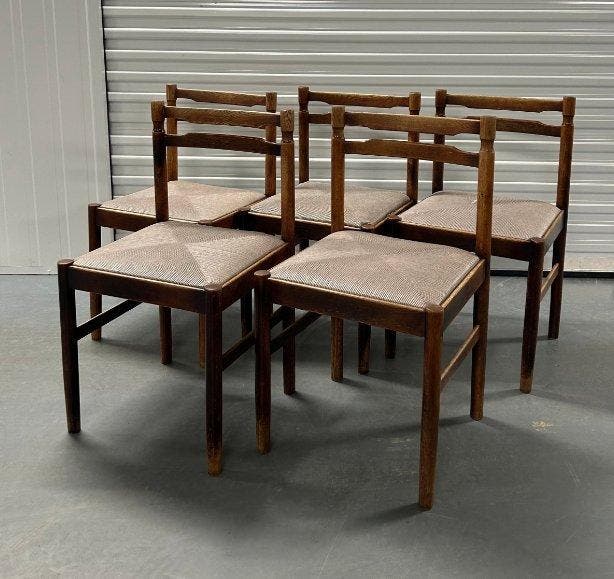 Eetkamerstoel - Eik, Teak - Set van vijf vintage stoelen -, Antiek en Kunst, Kunst | Designobjecten