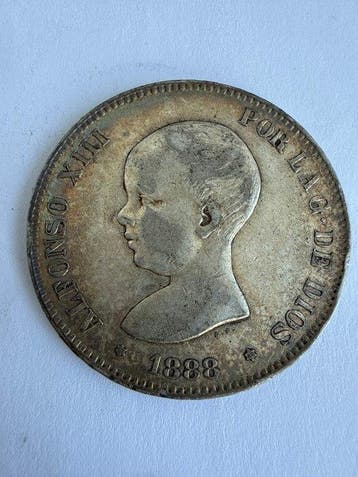 Spanje. Alfonso XIII. 5 Pesetas 1888*88 MPM (Zonder, Postzegels en Munten