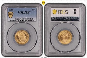 Gouden Willem III 10 gulden 1880 MS67 PCGS gecertificeerd, Koning Willem III, Verzenden, Goud, Losse munt