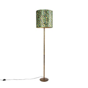 Vintage vloerlamp goud met pauw kap 40 cm - Simplo, Verzenden, Nieuw, Stof, Modern