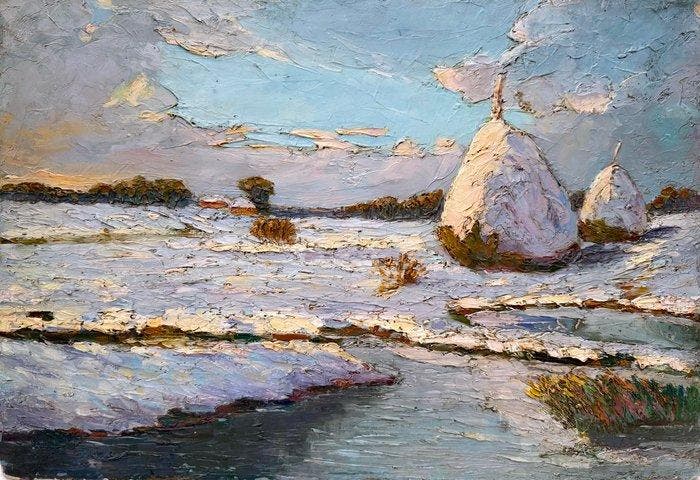 École française - Meules sous la neige au bord du Ruisseau, Antiek en Kunst, Kunst | Schilderijen | Klassiek