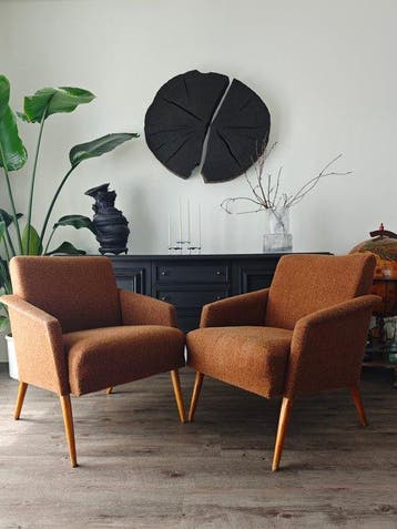 Lounge stoel - Textiel, Hout, Metaal - Paar mid-century