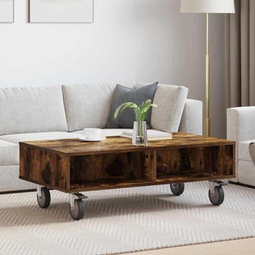 vidaXL Bijzettafel met wielen Gerookt eiken 90 x 50 x 30 cm, Huis en Inrichting, 50 tot 100 cm, Verzenden, Nieuw, 50 tot 100 cm