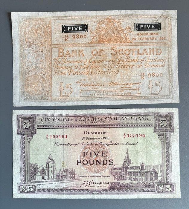 Schotland. - 2 x 5 Pounds - Various Dates (Zonder, Postzegels en Munten, Bankbiljetten | Europa | Niet-Eurobiljetten