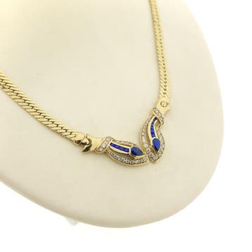 Gouden platte gourmetschakel collier met synth. saffier e..., Ophalen of Verzenden, Gebruikt, Goud, Goud