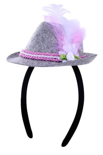 KIMU® Mini Hoedje Grijs Roze Oktoberfest Tirol Hoed op Haarb, Ophalen of Verzenden, Nieuw, Carnaval