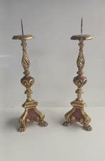 Kandelaar - Hout, IJzer - Set van twee kandelaars - Hoogte: