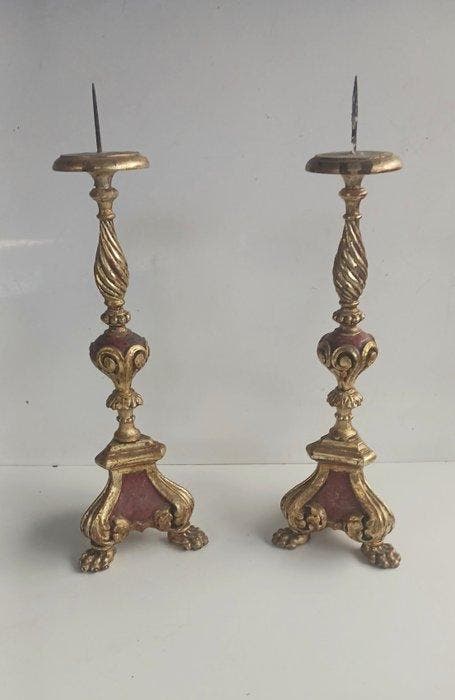 Kandelaar - Hout, IJzer - Set van twee kandelaars - Hoogte:, Antiek en Kunst, Antiek | Overige Antiek