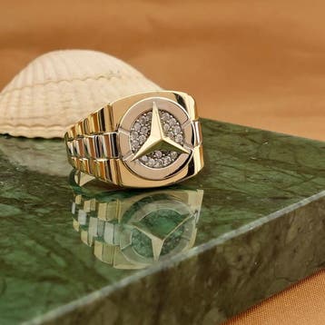 Bicolor gouden Mercedes Benz herenring met zirconia, Gebruikt, Overige kleuren, 19 tot 20, Heer