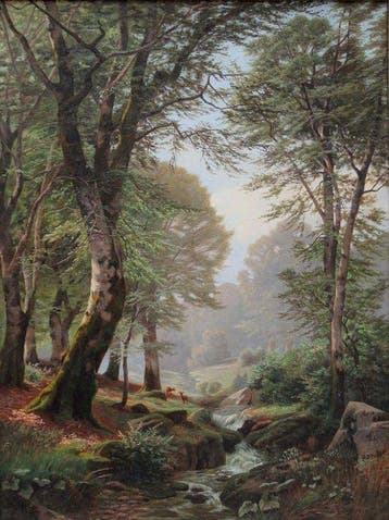 Heinrich Boehmer (1852 - 1930) - Roe deers at forest brook, Antiek en Kunst
