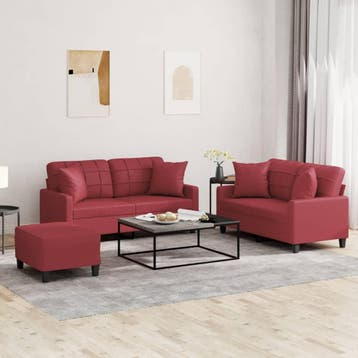 vidaXL 3-delige Loungeset met kussens kunstleer wijnrood, Verzenden, Nieuw, Leer, Minder dan 150 cm