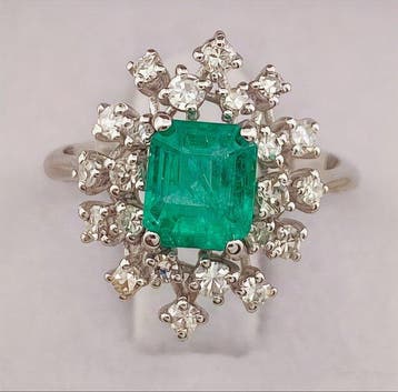 Ring - 18 karaat Witgoud Smaragd - Diamant, Nieuw
