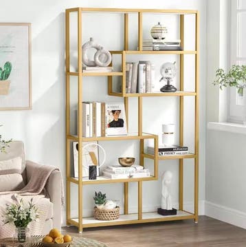 Boekenkast met 8 Vakken – Goud Frame en Marmerlook Planken, Verzenden, Nieuw