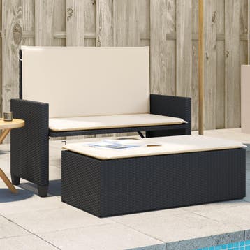 vidaXL Tuinbank met kussens en voetenbank poly rattan zwart, Verzenden, Nieuw