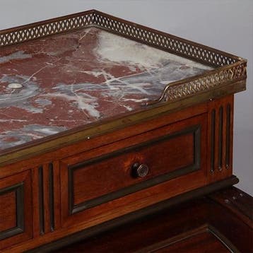 Frans cilinderbureautje in donker mahonie met donkerblauw le, Antiek en Kunst, Ophalen of Verzenden