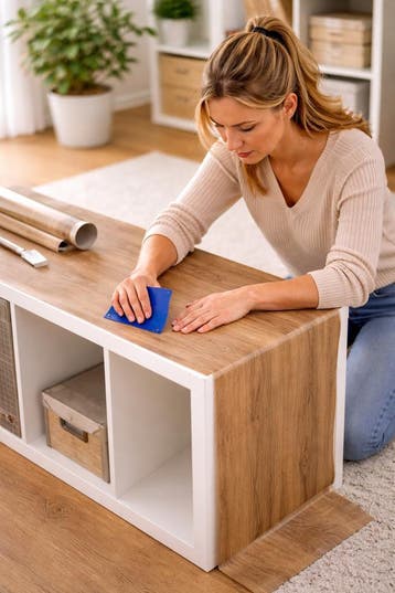 Je Ikea kast nieuwe look geven? Plakfolie tafel tv-meubel, Nieuw