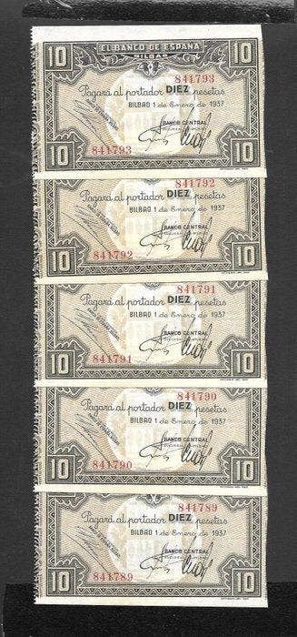 Spanje. - 5 x 10 Pesetas - 1937- Consecutive (Zonder