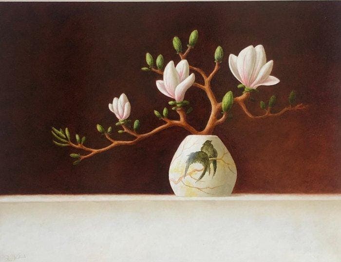 Ruud Verkerk - Gouds plateel met Magnoliatak., Antiek en Kunst, Kunst | Schilderijen | Modern