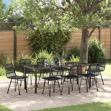 vidaXL Tuin eettafelset 9 pcs Zwart Gepoedercoat staal, Verzenden, Nieuw, Rotan, Meer dan 8 zitplaatsen