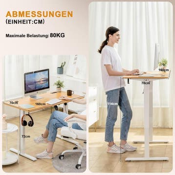 COMHOMA In hoogte verstelbaar bureau, 160 x 70 cm, met USB-a, Verzenden, Zo goed als nieuw