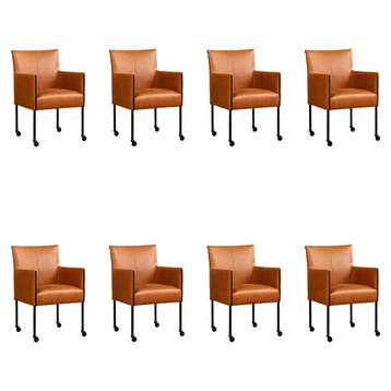 Set van 8 Leren eetkamerstoelen More - Vintage Cognac, Ophalen of Verzenden, Nieuw, Leer, Vijf, Zes of meer stoelen