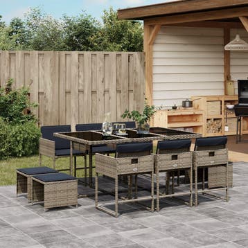 vidaXL 11-delige tuinset met kussens, grijs polyrotan, Tuin en Terras, Verzenden, Nieuw, Meer dan 8 zitplaatsen, Tuinset