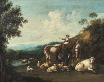 Italian school (XVIII) - Rural landscape with shepherds and