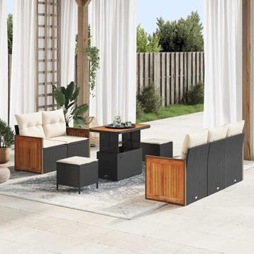 vidaXL Tuinbankenset met kussen 10 pcs Zwart en Crème poly, Verzenden, Nieuw, Rotan, Meer dan 8 zitplaatsen