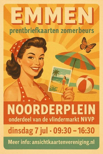 Zomerbeurs van prentbriefkaarten di. 7 Juli Emmen, NVVP, Gelopen