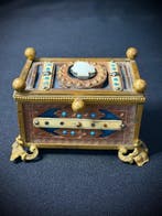 Kist - Bronzen plaat (handgewalst) - been - turkoois - hout