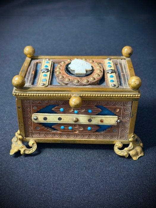 Kist - Bronzen plaat (handgewalst) - been - turkoois - hout, Antiek en Kunst, Antiek | Overige Antiek