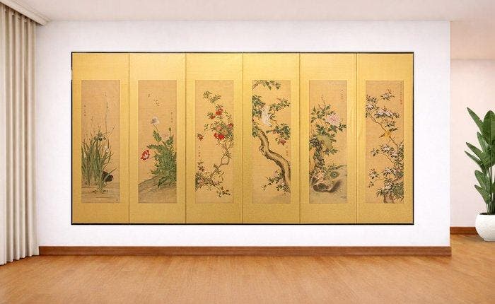 Een zesdelige bybu () met kach-ga () decoratie. -, Antiek en Kunst, Antiek | Overige Antiek