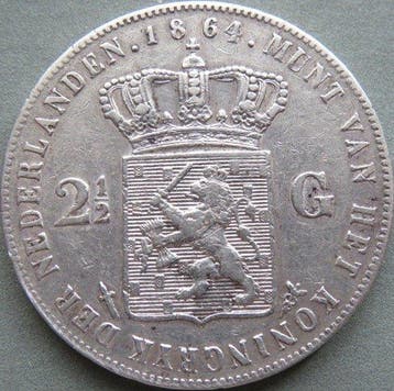 Nederland. Willem III. 2 1/2 Gulden 1864b (Zonder