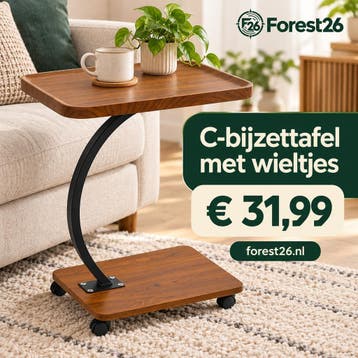 Bijzettafel op wieltjes – C-vorm – vintage bruin/zwart, Huis en Inrichting, Minder dan 55 cm, Nieuw, Industrieel/Vintage, 60 cm of meer