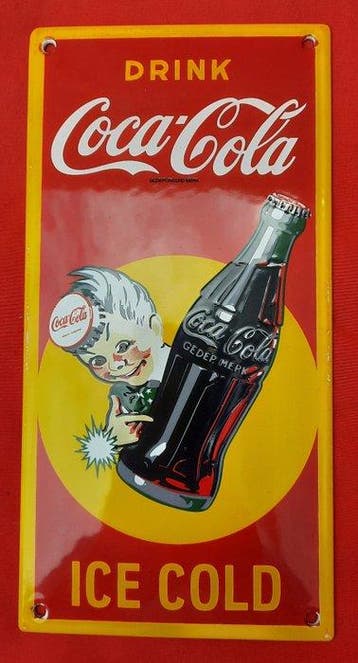 DRINK COCA-COLA SOLD HERE ICE COLD - Emaille reclamebord -, Antiek en Kunst