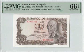 1970 Spain 100 Pesetas Pick 152a Pmg Gem Unc 66 Epq, Postzegels en Munten, Bankbiljetten | Europa | Niet-Eurobiljetten, Verzenden