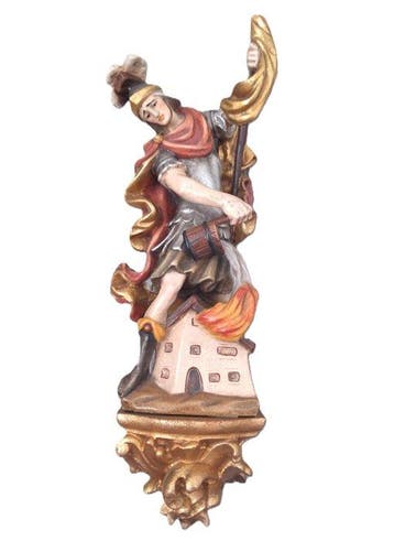 Snijwerk, farbige Holzfigur Hl. Florian auf einer